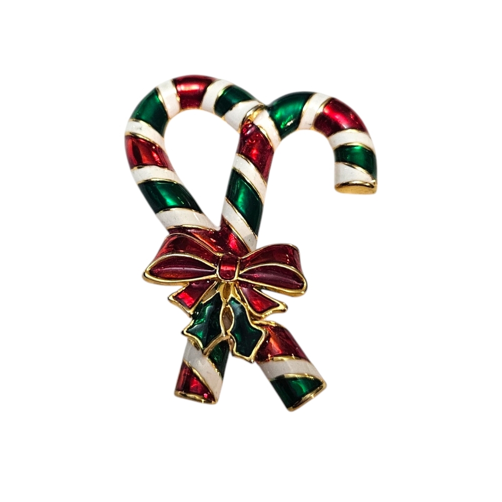 Candy Canes Brooch Pin Enamel Christmas Holiday Bow Holly